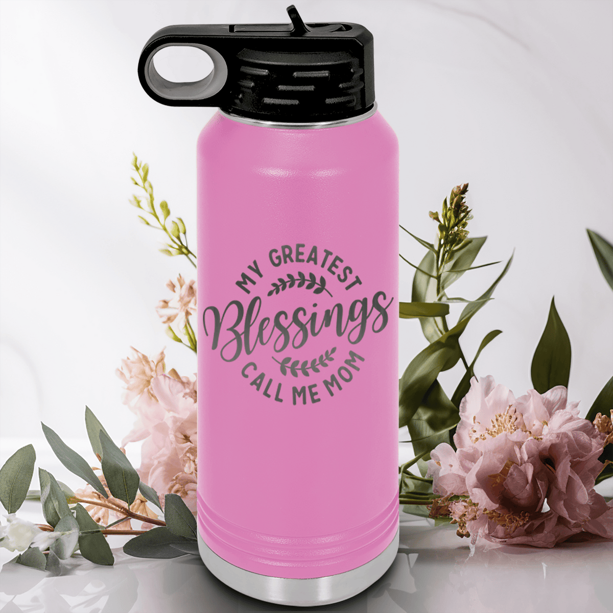 Light Purple Mothers Day Water Bottle With Moms Greatest Blessings Design