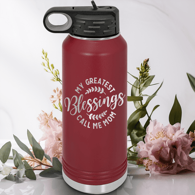 Maroon Mothers Day Water Bottle With Moms Greatest Blessings Design