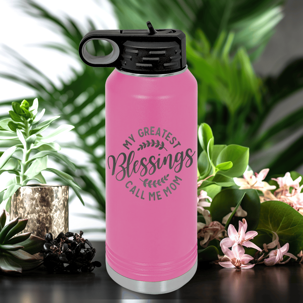Pink Mothers Day Water Bottle With Moms Greatest Blessings Design