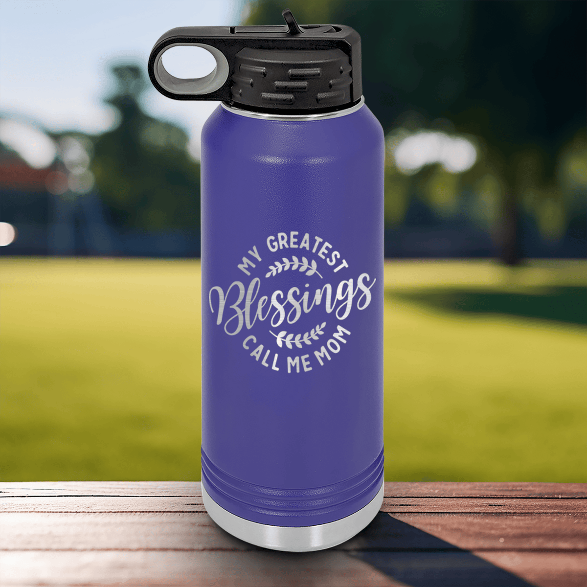 Purple Mothers Day Water Bottle With Moms Greatest Blessings Design