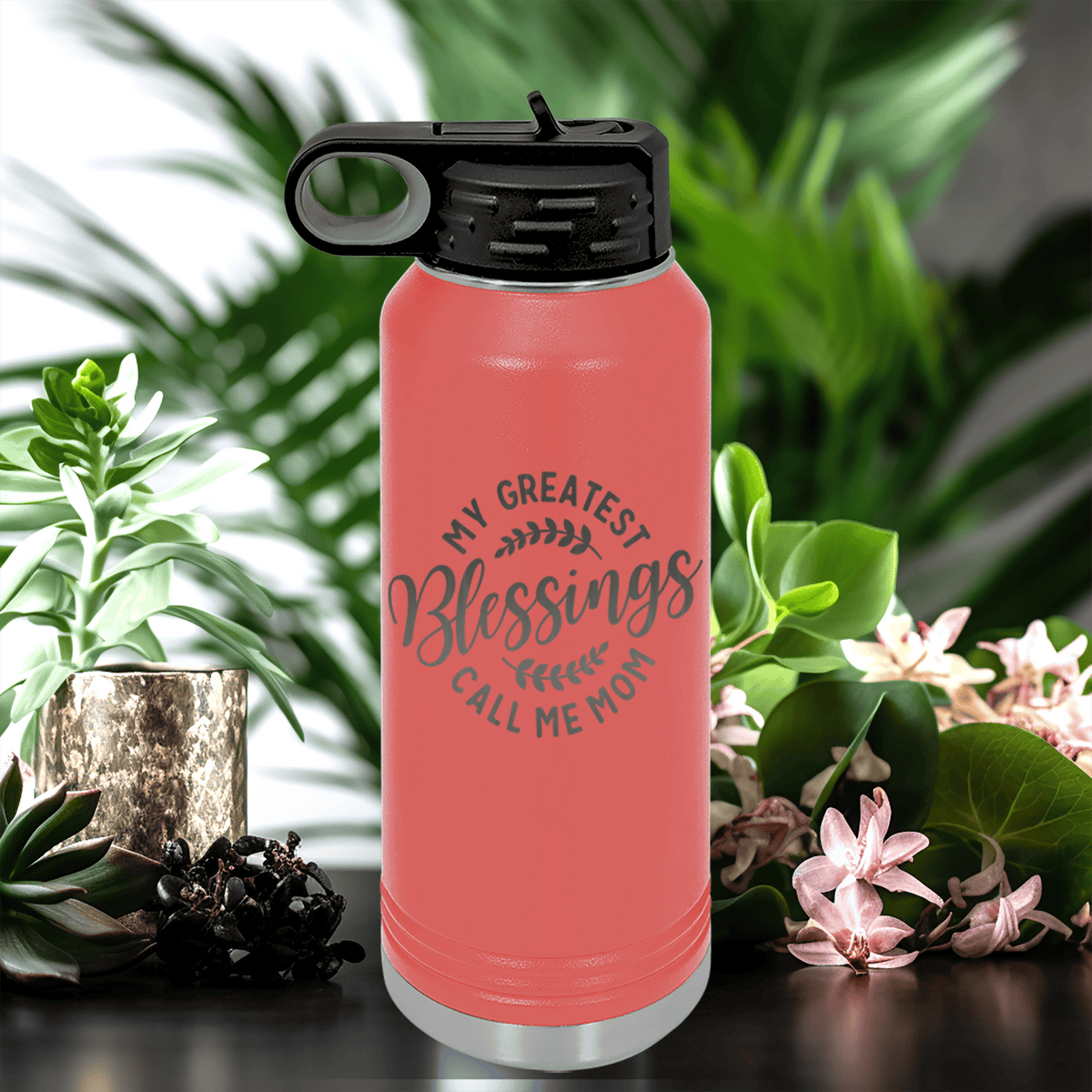 Salmon Mothers Day Water Bottle With Moms Greatest Blessings Design