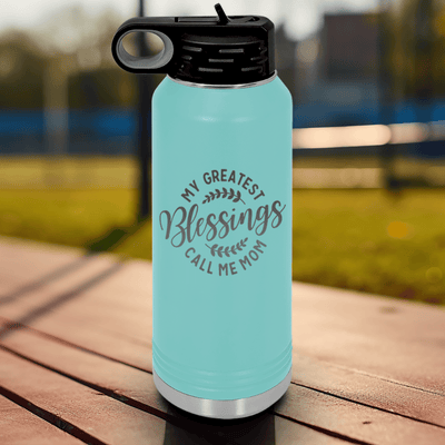 Teal Mothers Day Water Bottle With Moms Greatest Blessings Design