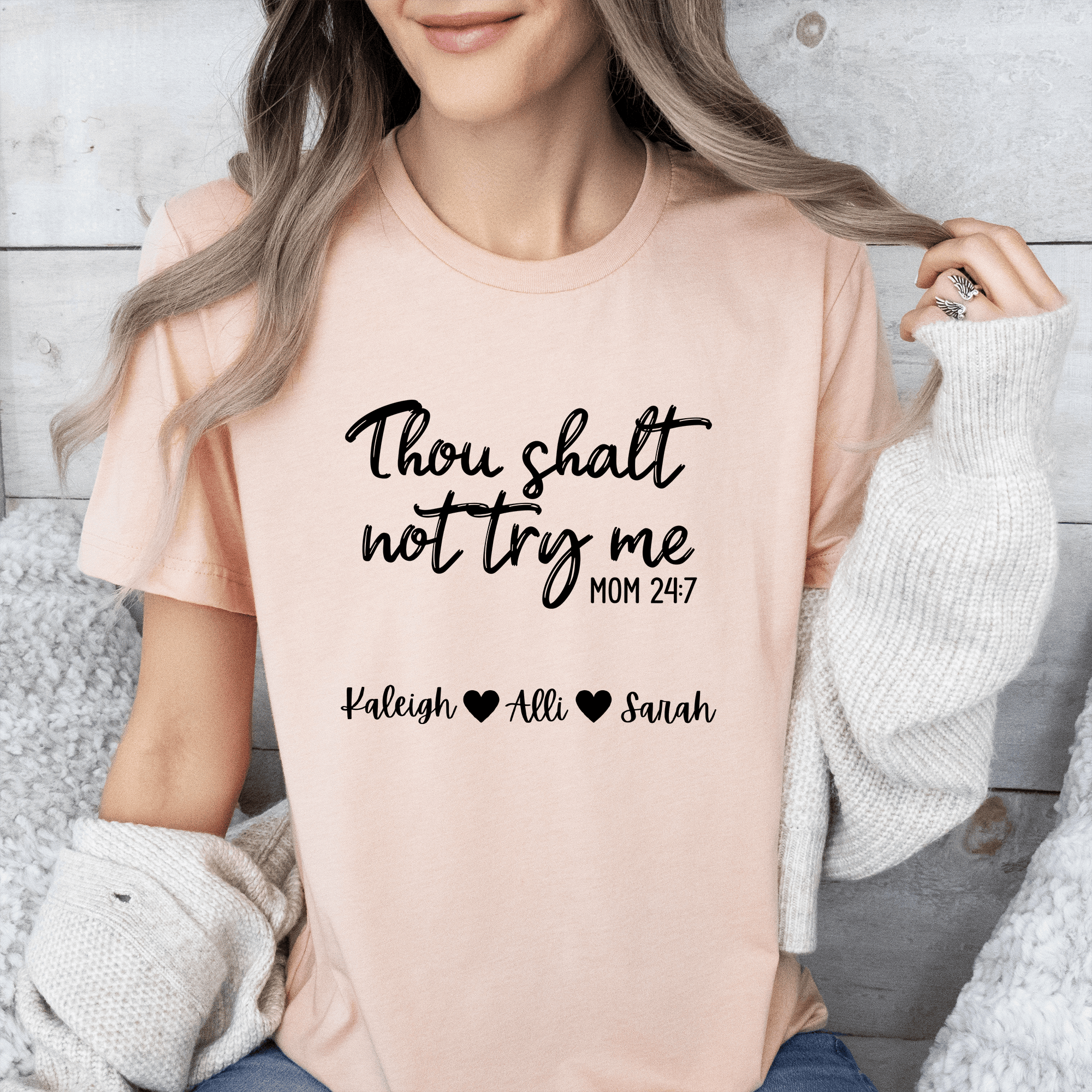 Womens Heather Peach T Shirt with Moms-Revelations design