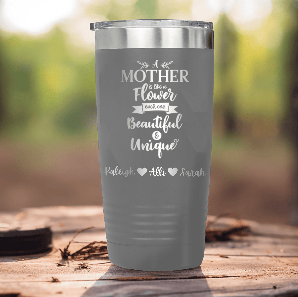 Grey Mothers Day Tumbler With Mothers Are Like Flowers Design