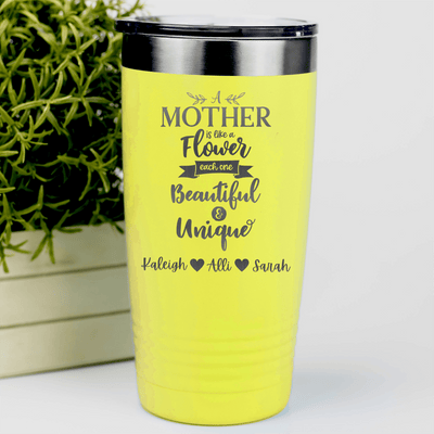 Yellow Mothers Day Tumbler With Mothers Are Like Flowers Design