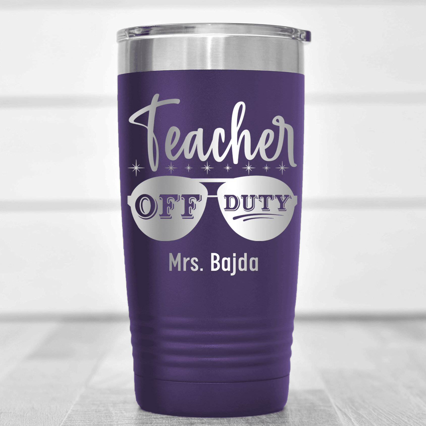 Purple Teacher Tumbler With Off Duty Teacher Design