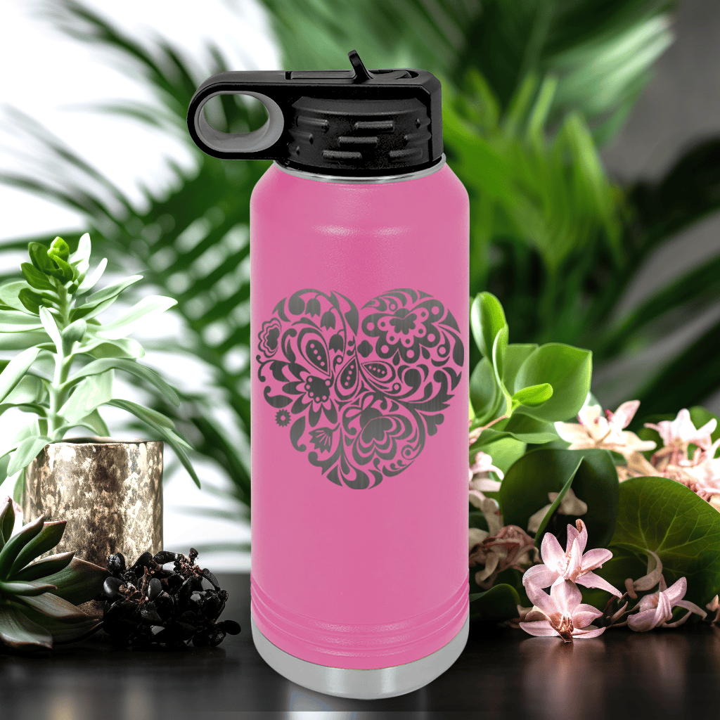 Pink Valentines Day Water Bottle With Paper Heart Strings Design