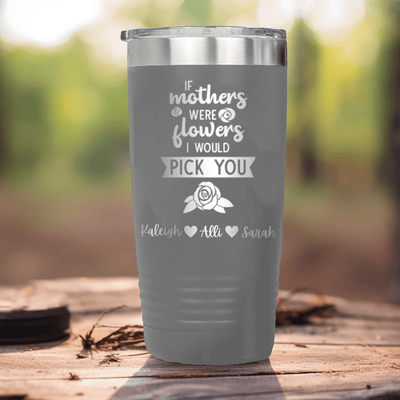 Grey Mothers Day Tumbler With Picking Mom Flowers Design