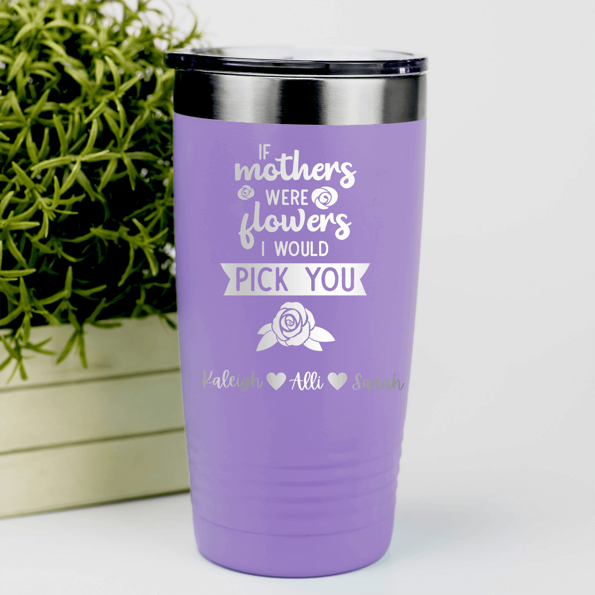 Light Purple Mothers Day Tumbler With Picking Mom Flowers Design