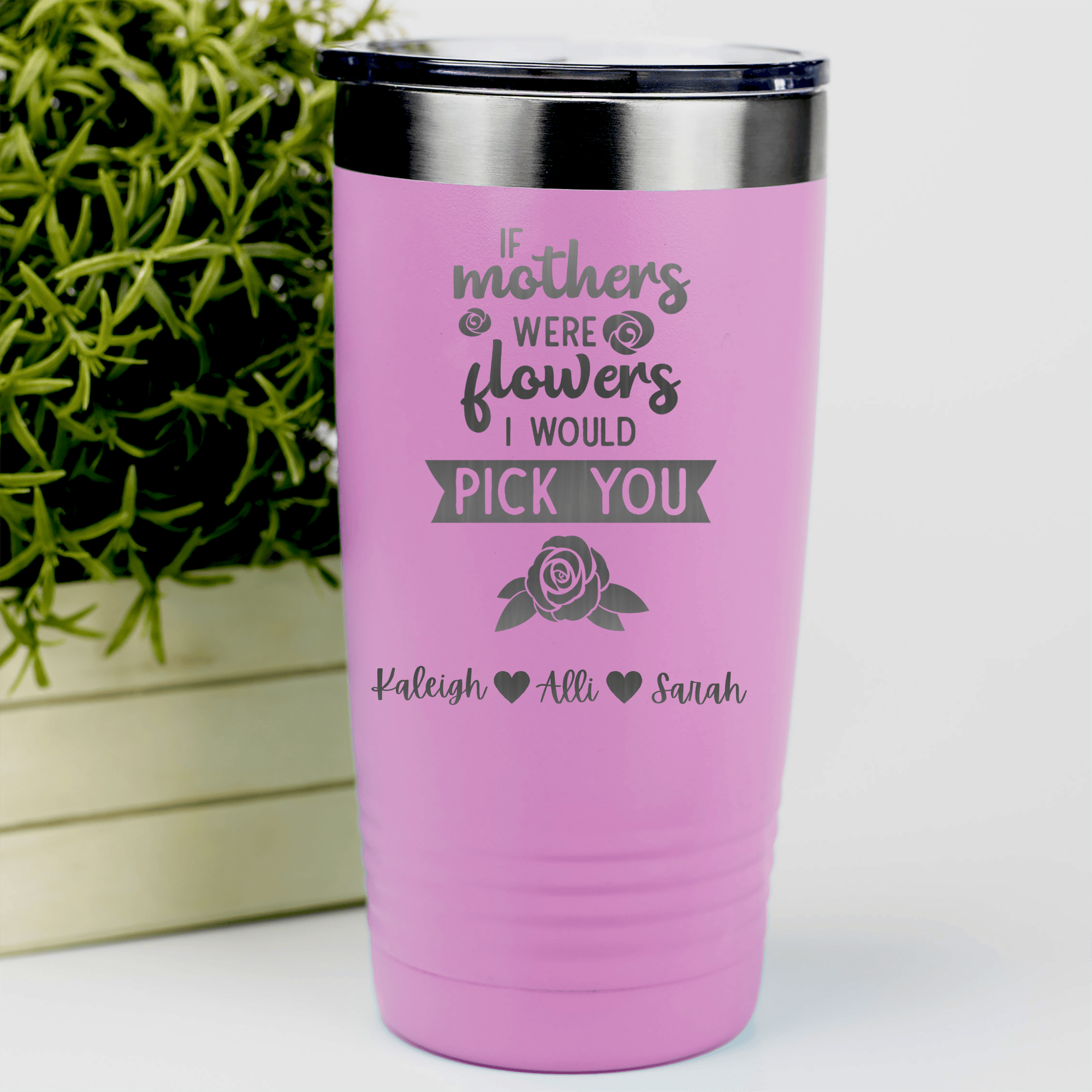 Pink Mothers Day Tumbler With Picking Mom Flowers Design