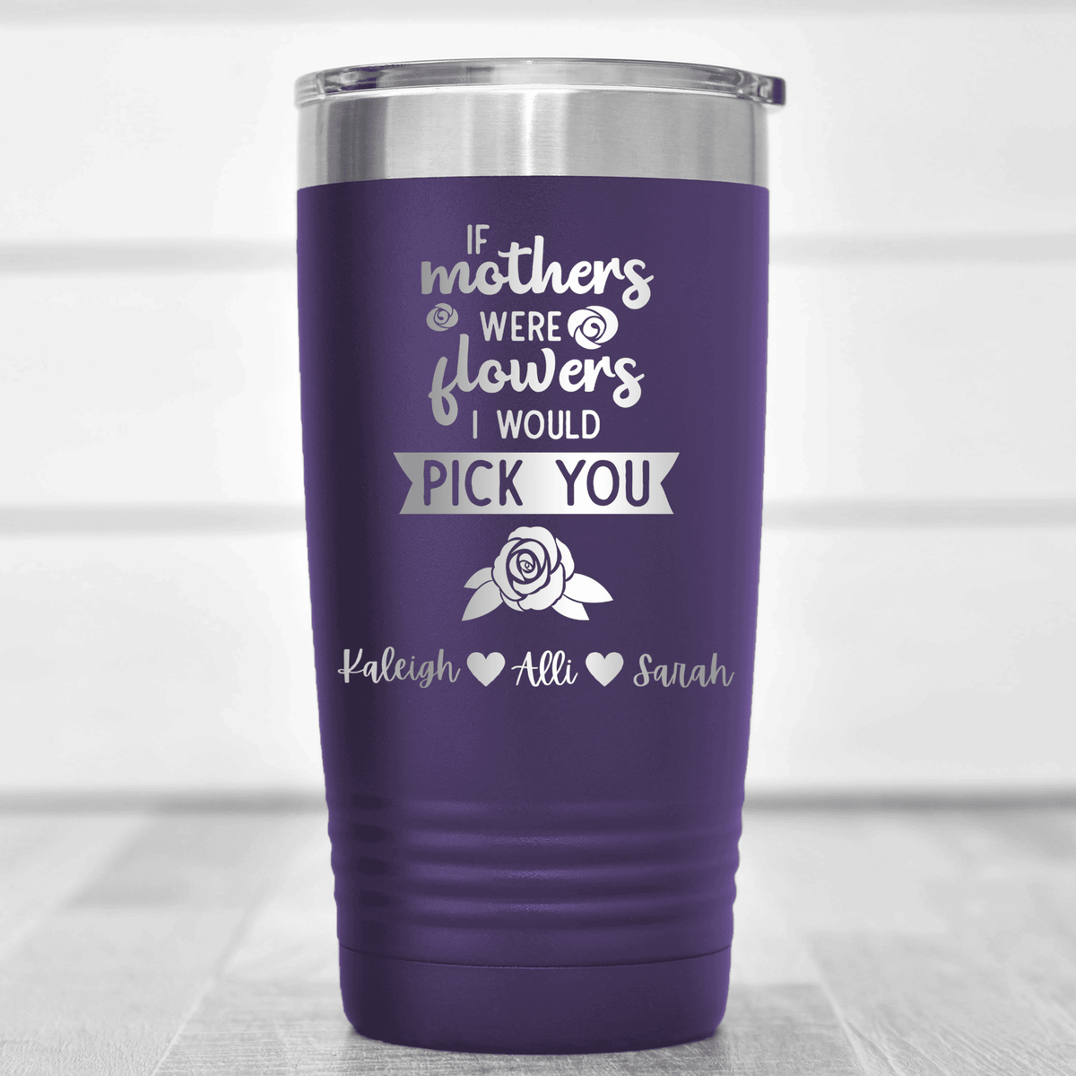 Purple Mothers Day Tumbler With Picking Mom Flowers Design