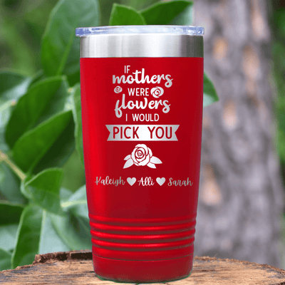Red Mothers Day Tumbler With Picking Mom Flowers Design