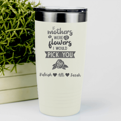 White Mothers Day Tumbler With Picking Mom Flowers Design