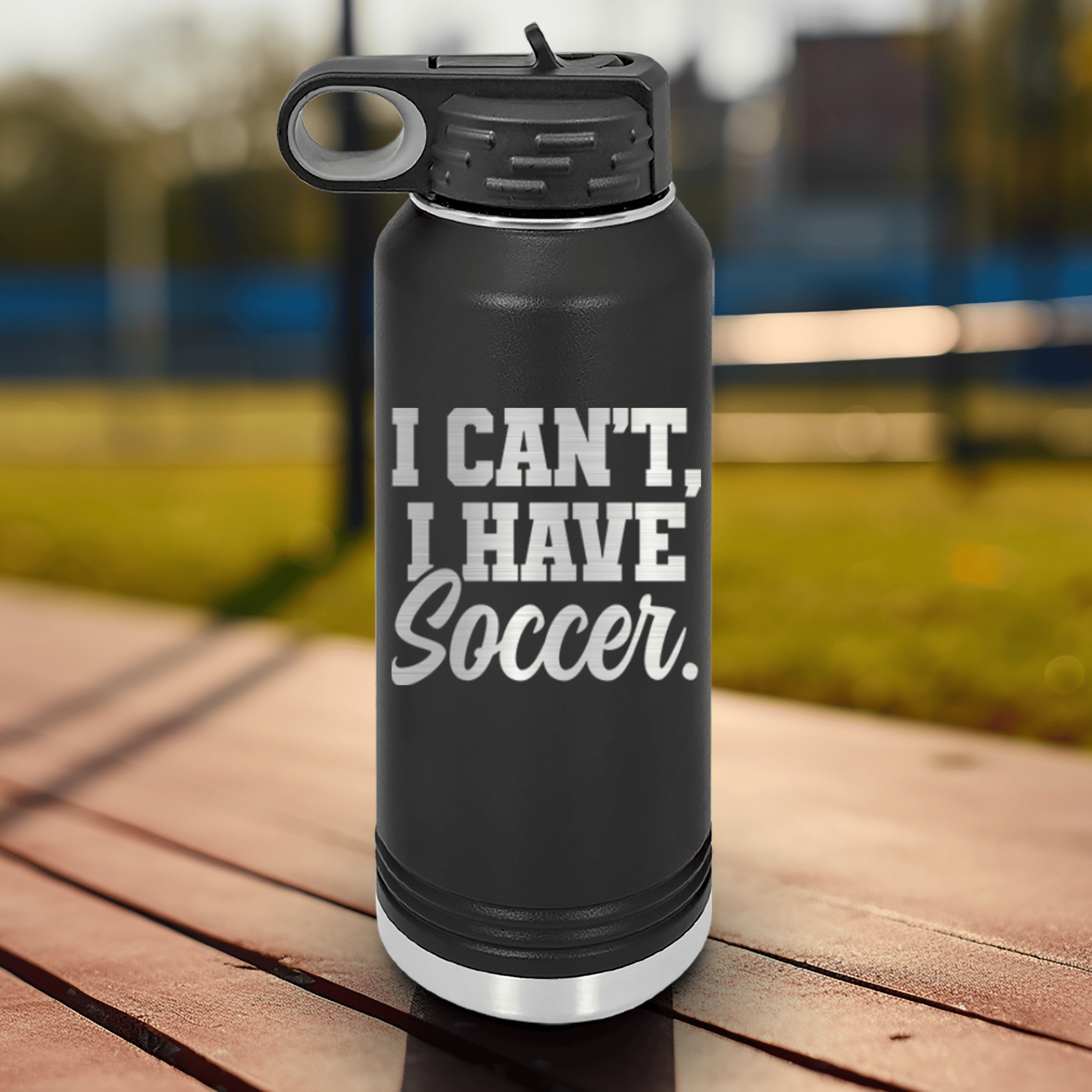 Black Soccer Water Bottle With Priorities Soccer First Design