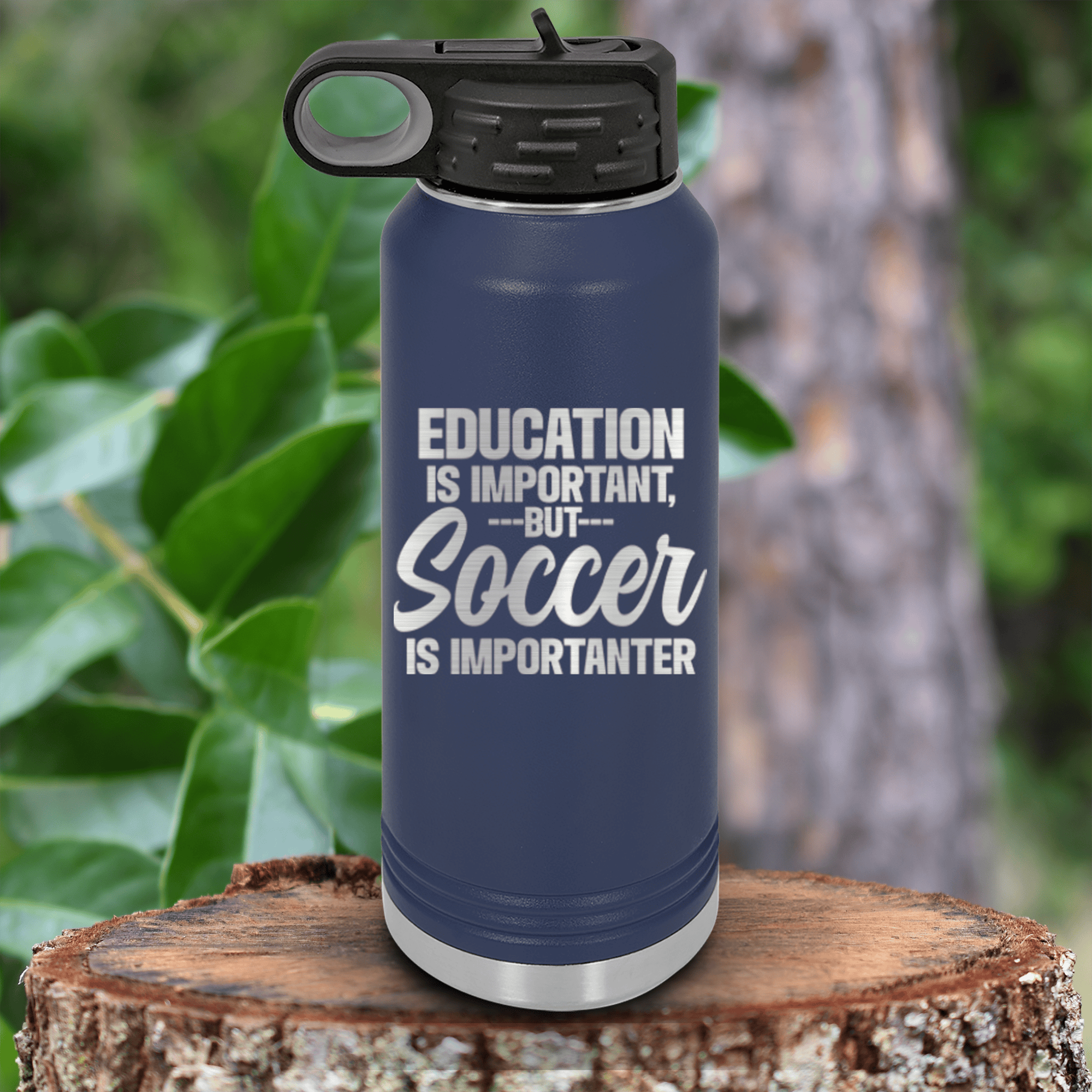 Navy Soccer Water Bottle With Prioritizing Soccer Design