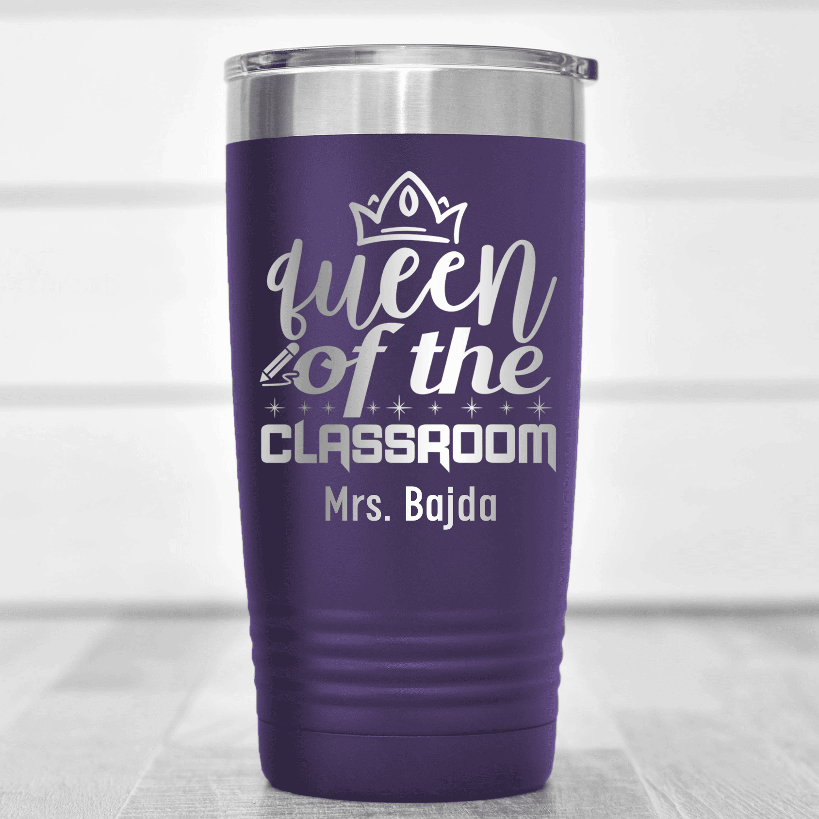 Purple Teacher Tumbler With Queen Of The Classroom Design