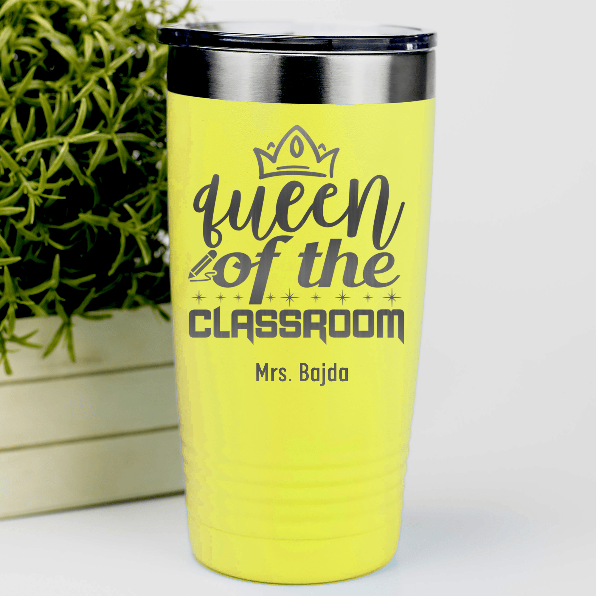 Yellow Teacher Tumbler With Queen Of The Classroom Design