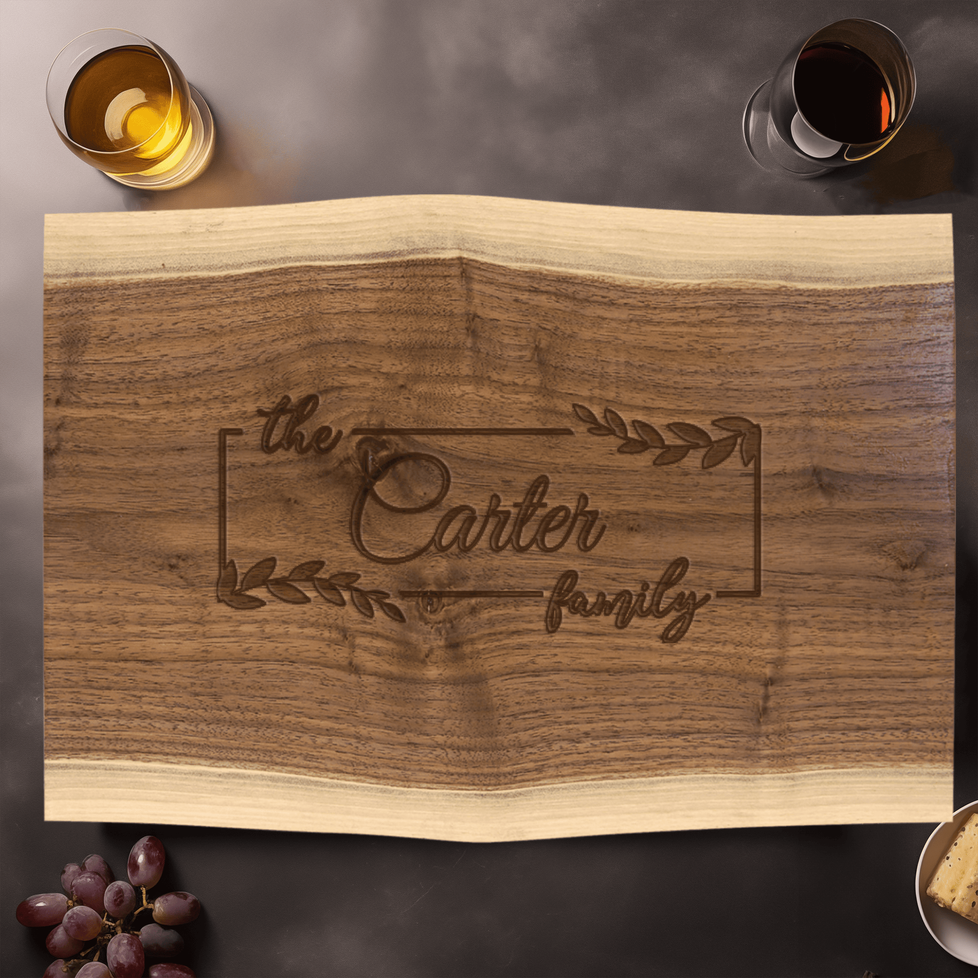 Family Name Walnut Cutting Board With Roots And Rings Design