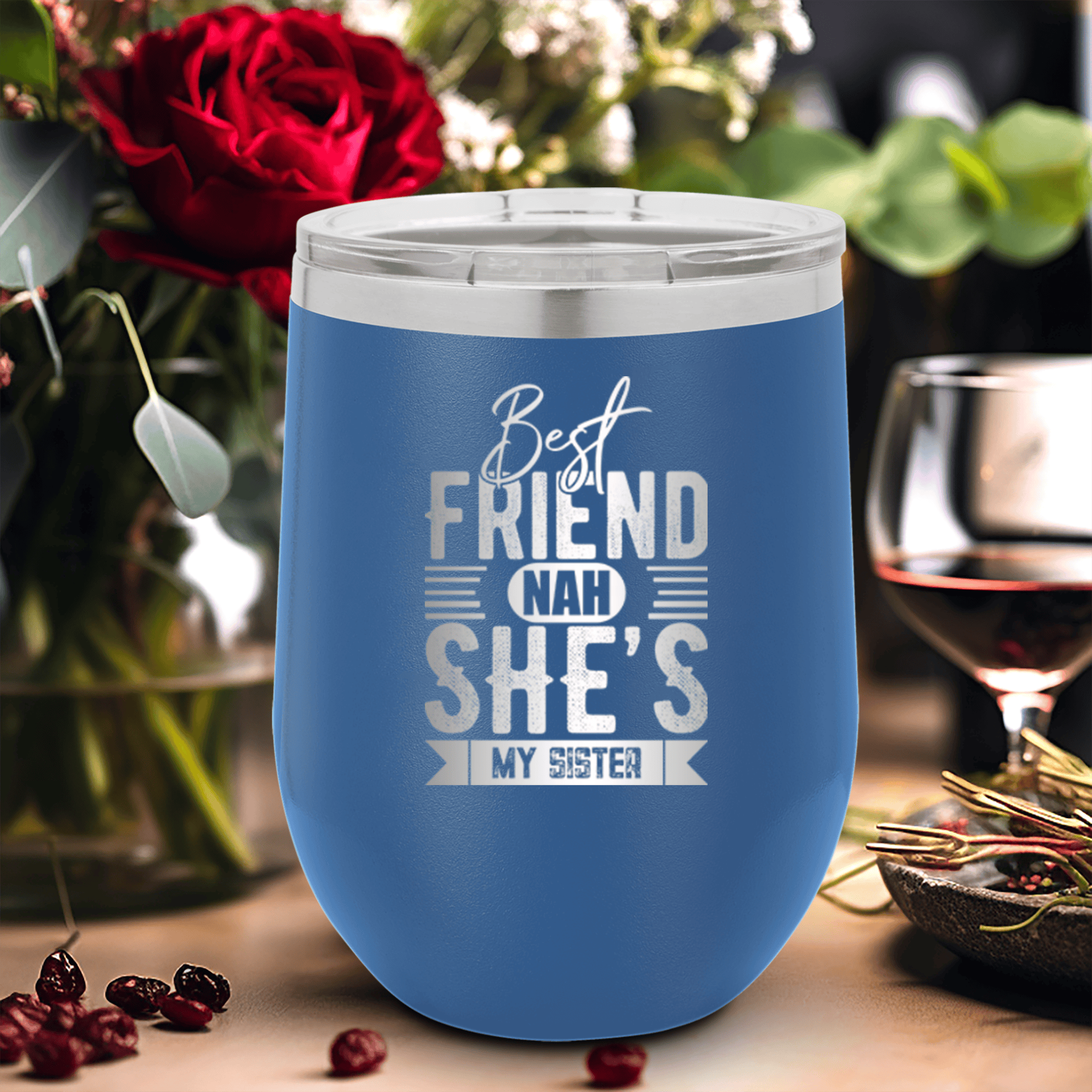 Blue Best Friends Wine Tumbler With Shes My Sister Design