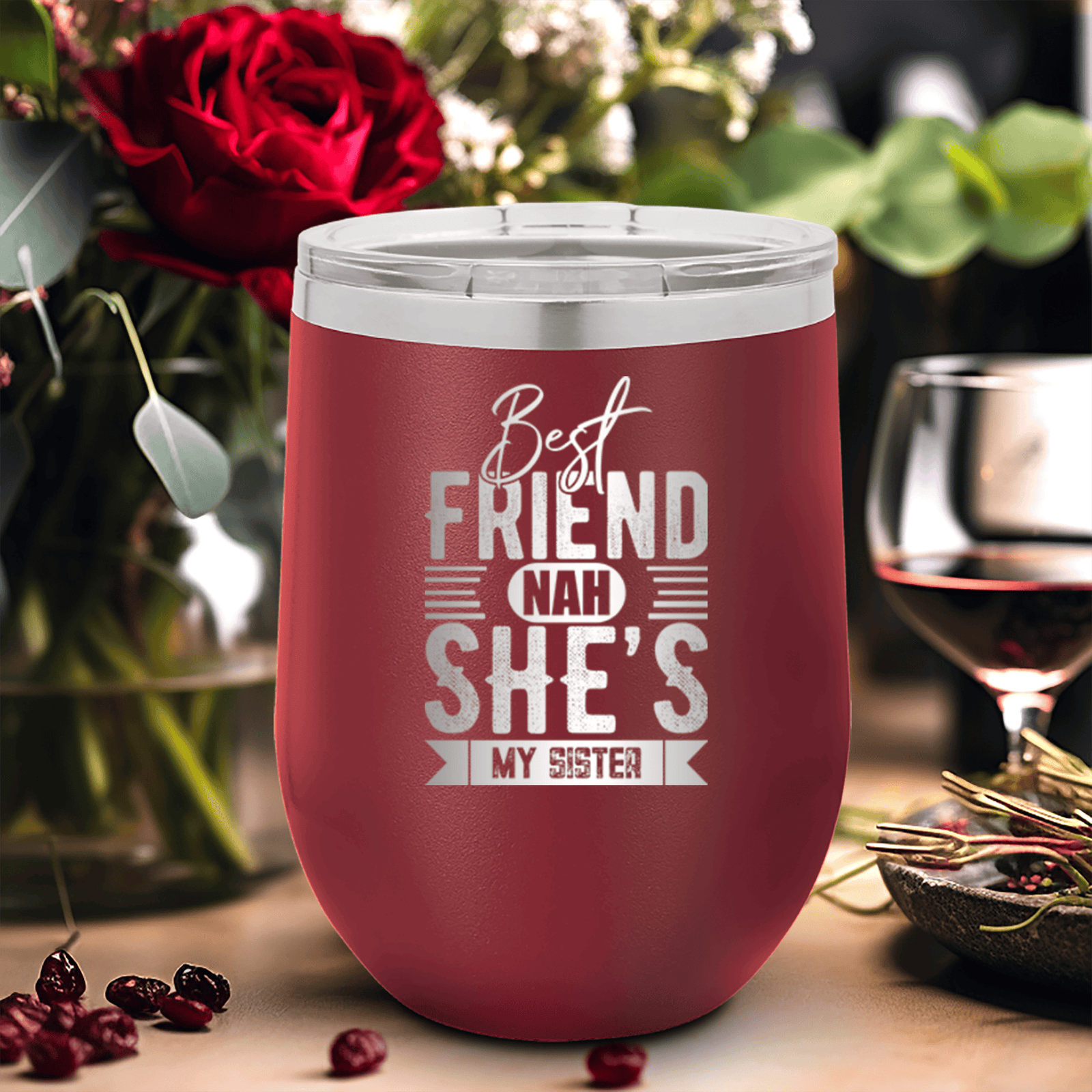Maroon Best Friends Wine Tumbler With Shes My Sister Design