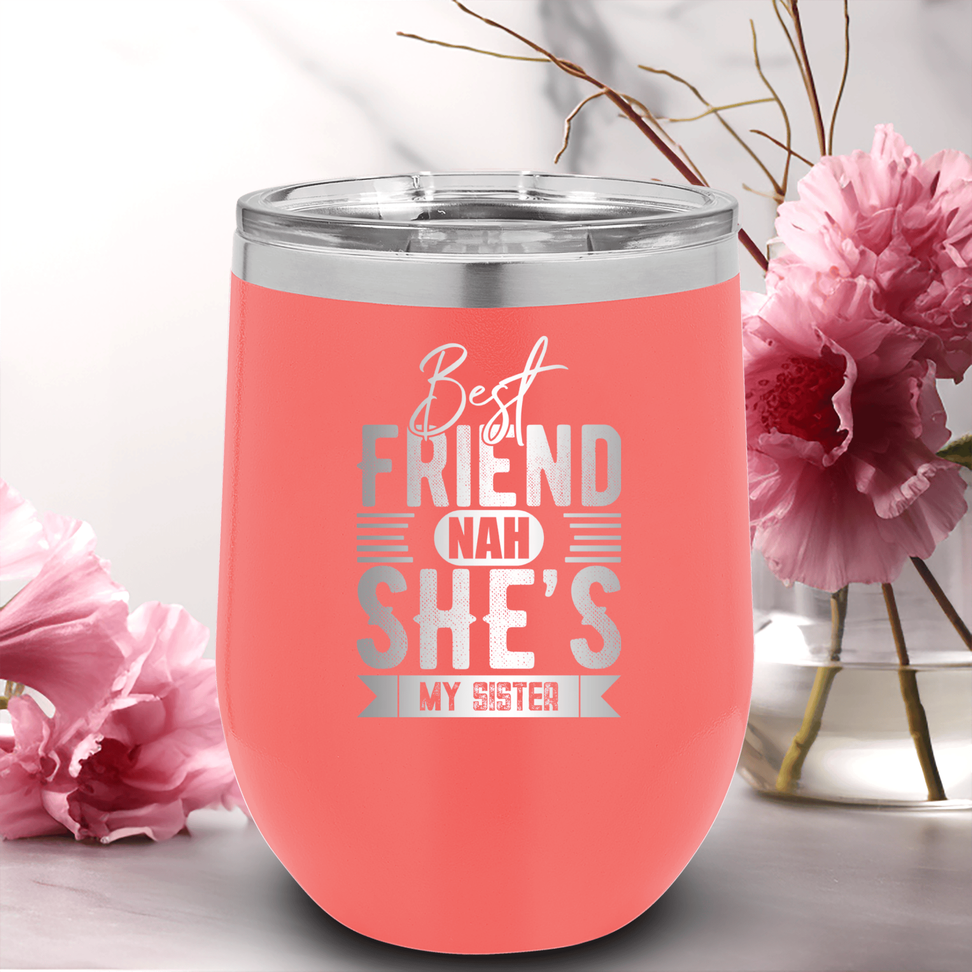 Salmon Best Friends Wine Tumbler With Shes My Sister Design