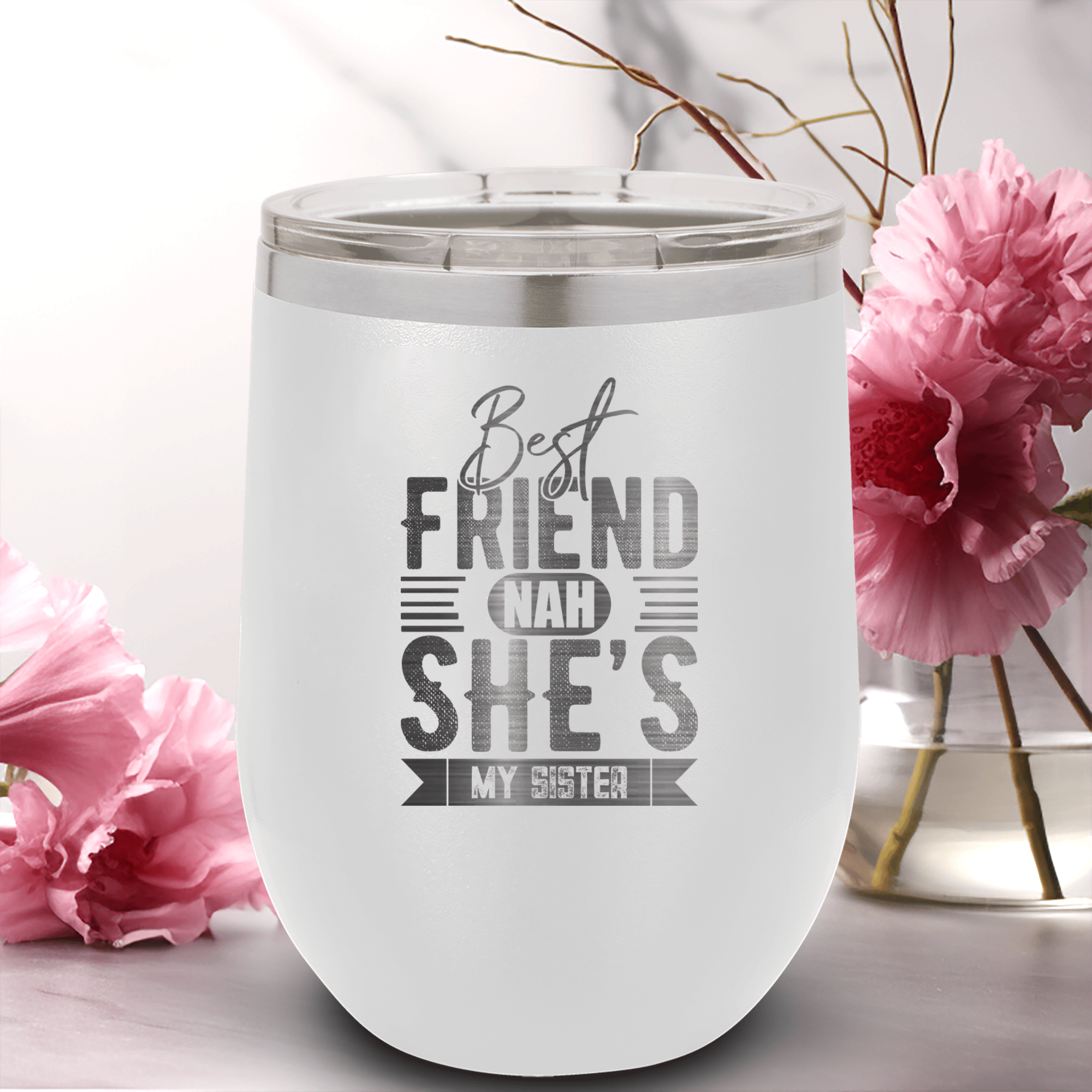 White Best Friends Wine Tumbler With Shes My Sister Design