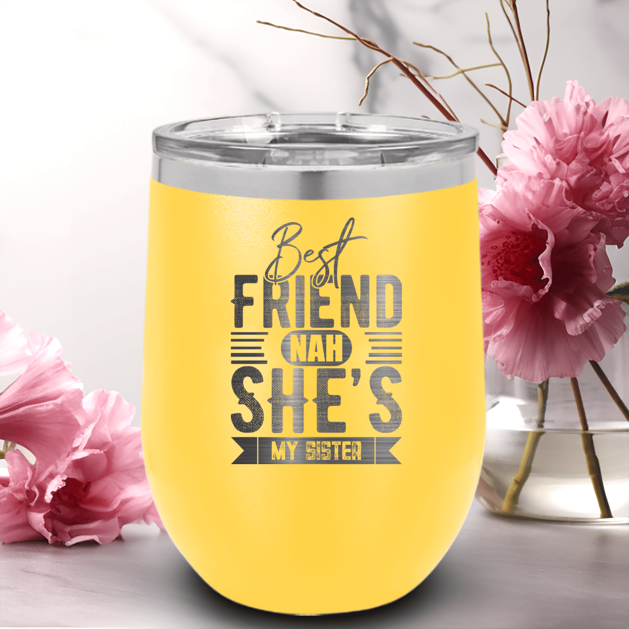 Yellow Best Friends Wine Tumbler With Shes My Sister Design