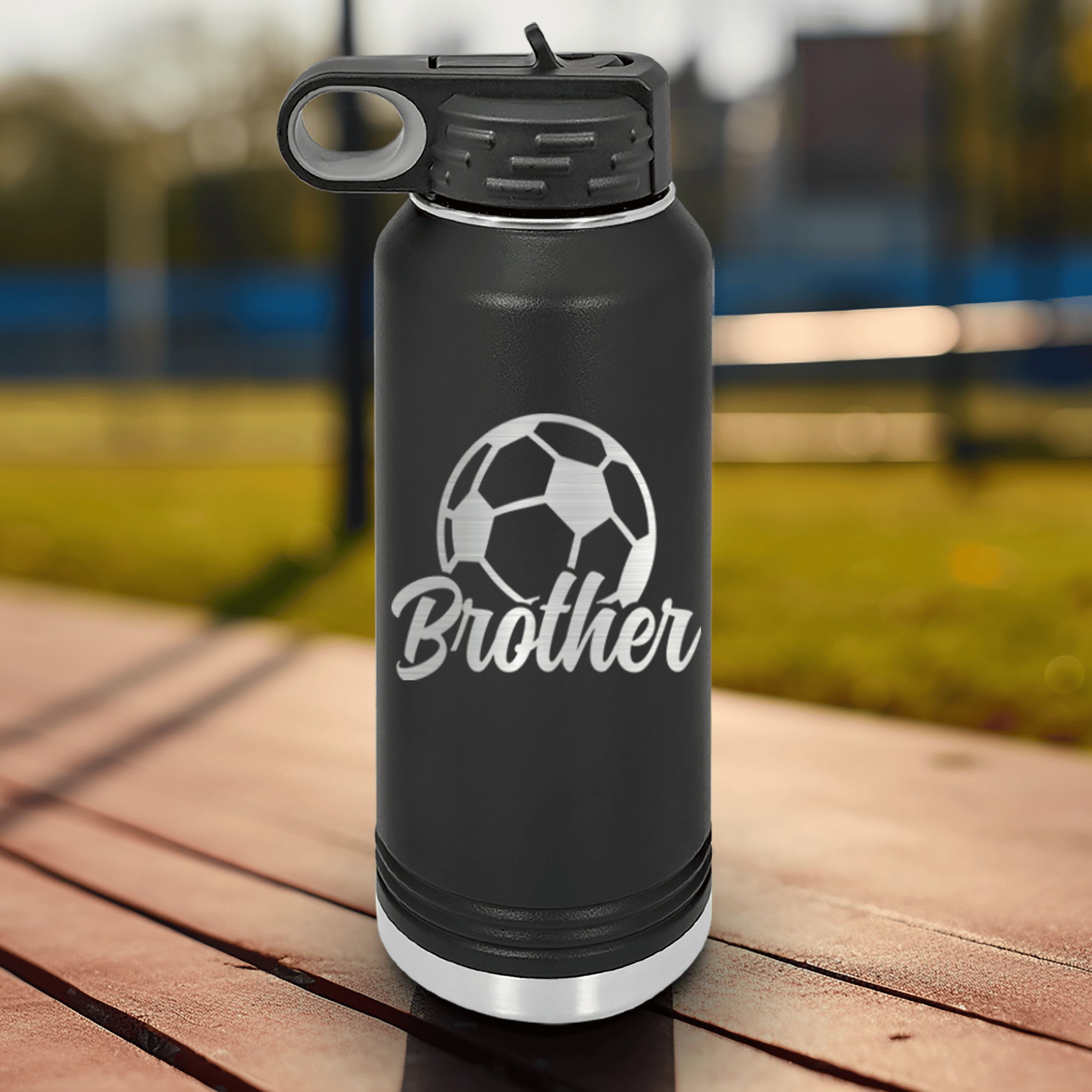 Black Soccer Water Bottle With Siblings Soccer Spirit Design