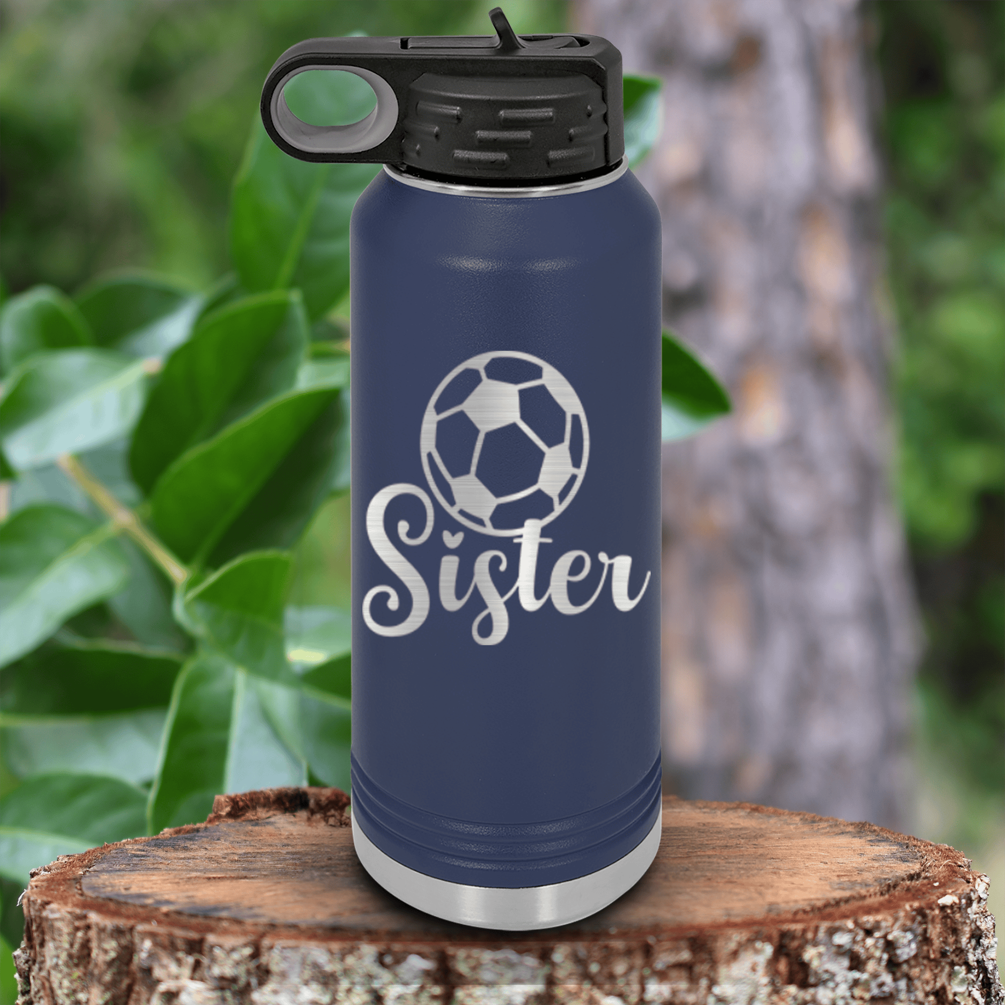 Navy Soccer Water Bottle With Sisters Soccer Spirit Design