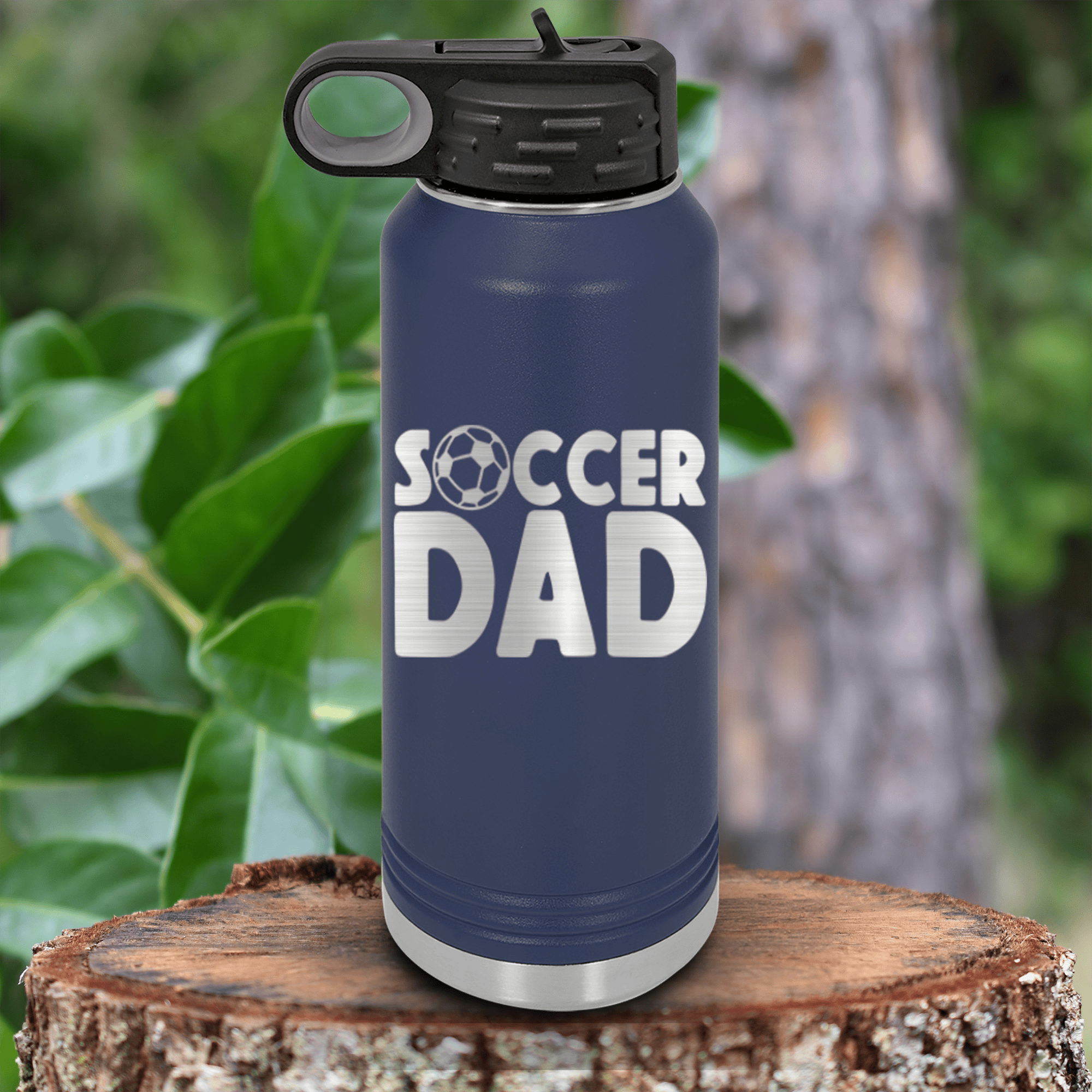 Navy Soccer Water Bottle With Soccer Fatherhood Design