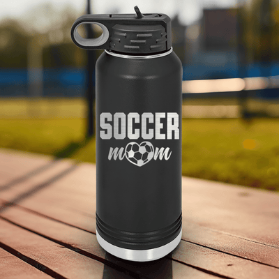 Black Soccer Water Bottle With Soccer Moms Heatfelt Dedication Design