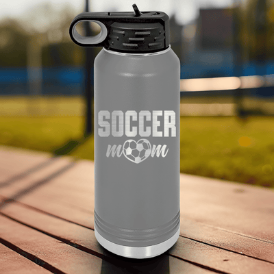 Grey Soccer Water Bottle With Soccer Moms Heatfelt Dedication Design