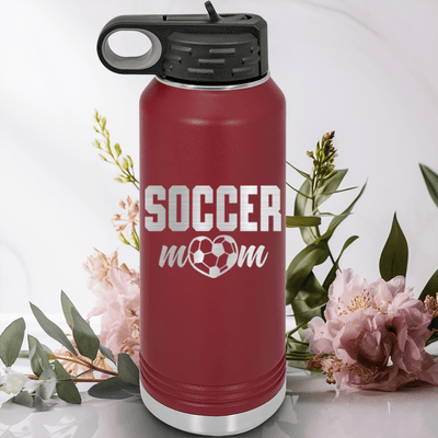 Maroon Soccer Water Bottle With Soccer Moms Heatfelt Dedication Design
