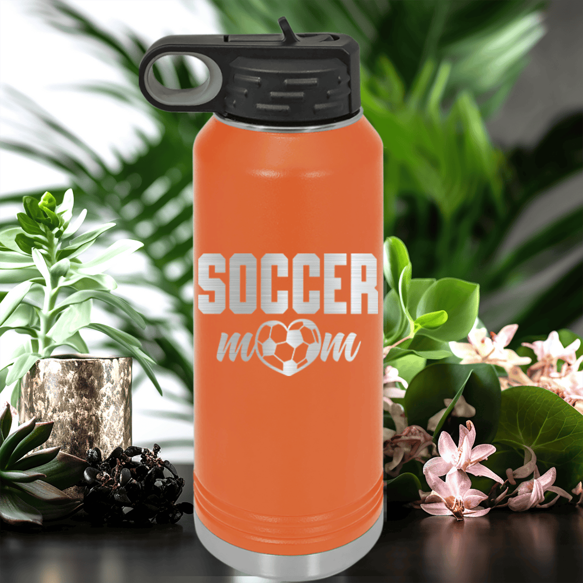 Orange Soccer Water Bottle With Soccer Moms Heatfelt Dedication Design