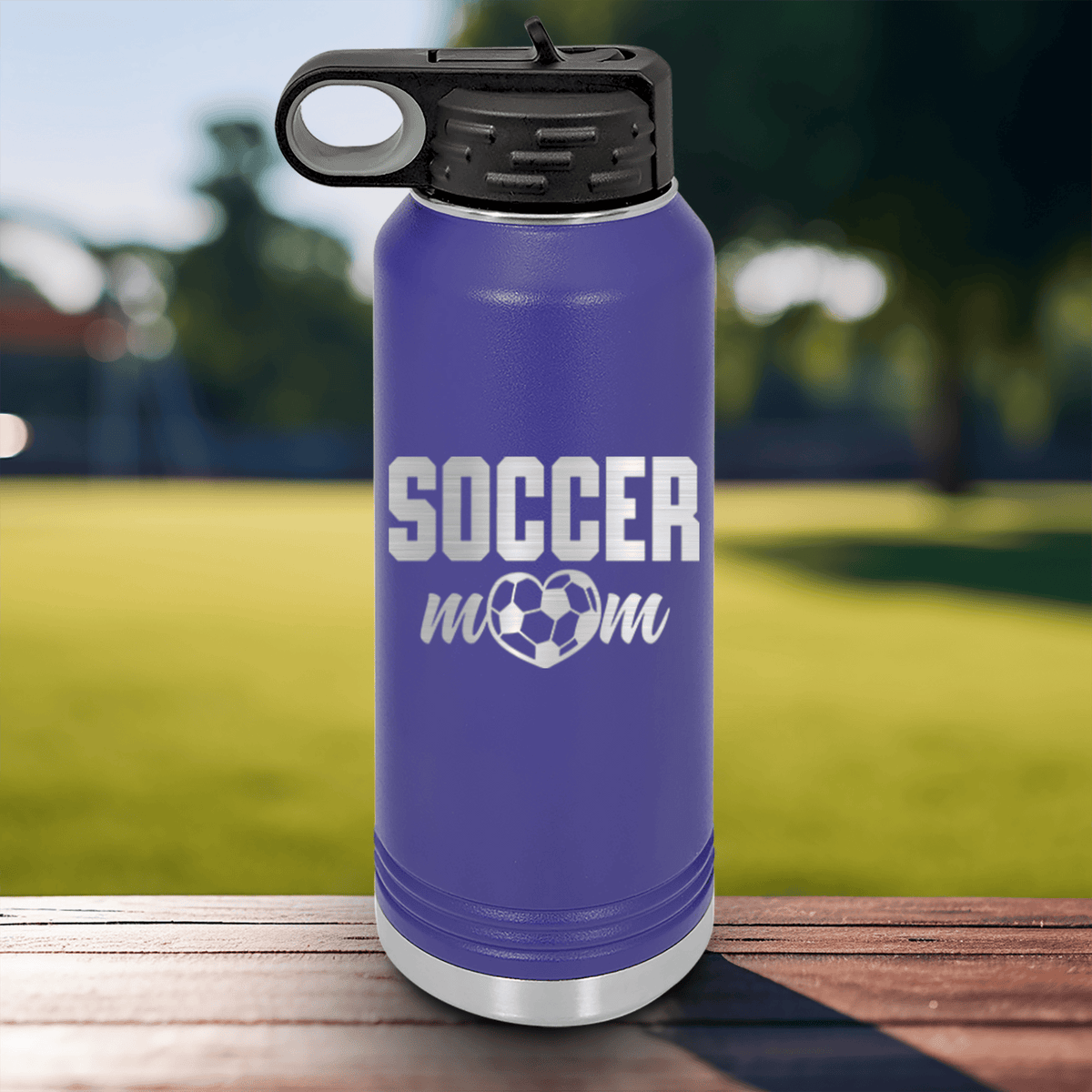 Purple Soccer Water Bottle With Soccer Moms Heatfelt Dedication Design