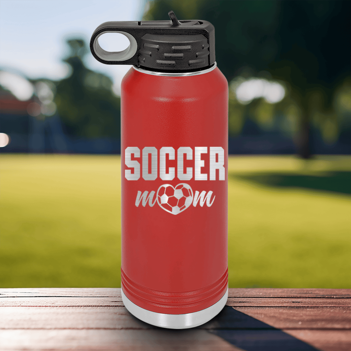 Red Soccer Water Bottle With Soccer Moms Heatfelt Dedication Design