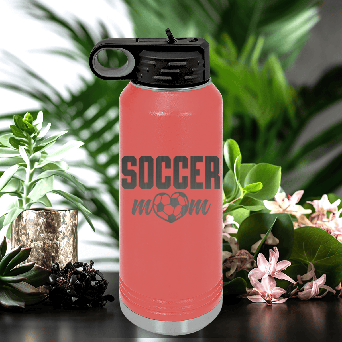 Salmon Soccer Water Bottle With Soccer Moms Heatfelt Dedication Design