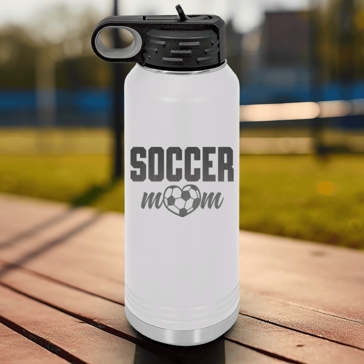 White Soccer Water Bottle With Soccer Moms Heatfelt Dedication Design