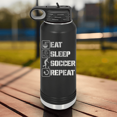 Black Soccer Water Bottle With Soccers Daily Rhythm Design