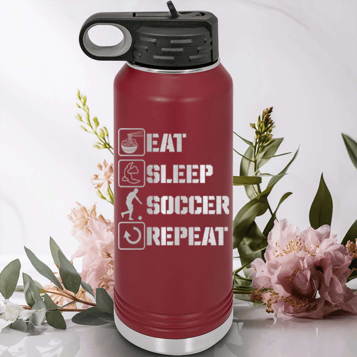 Maroon Soccer Water Bottle With Soccers Daily Rhythm Design