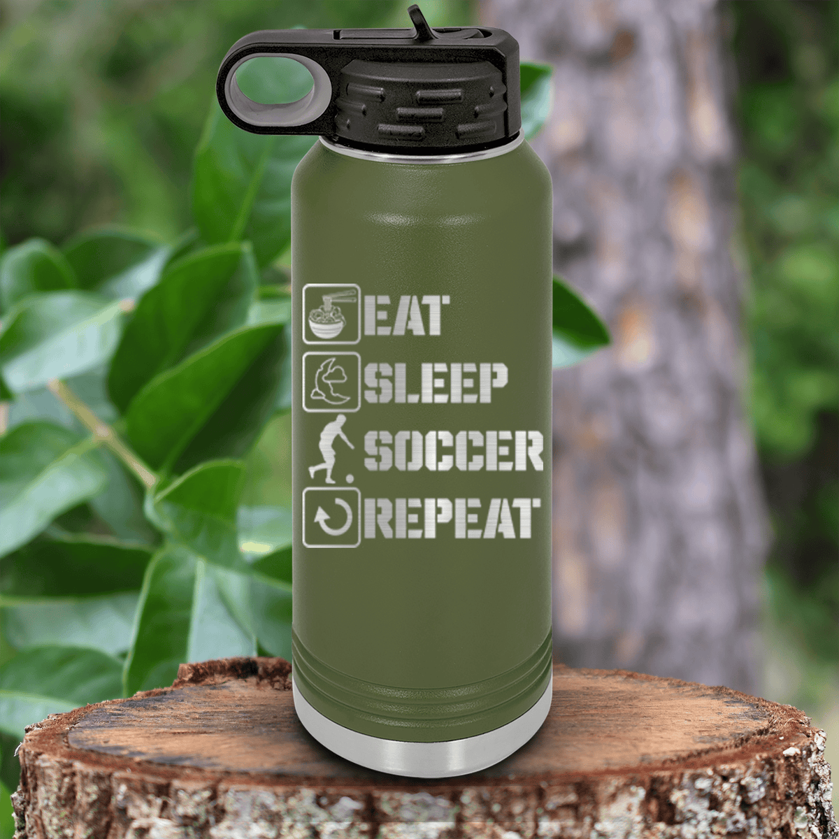 Military Green Soccer Water Bottle With Soccers Daily Rhythm Design
