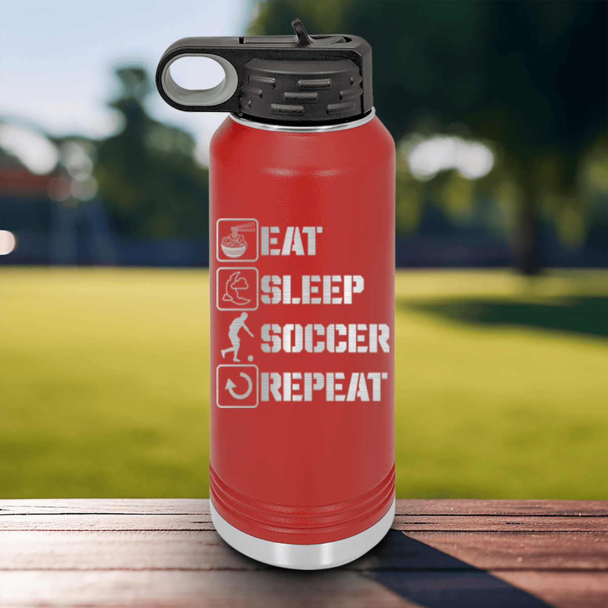 Red Soccer Water Bottle With Soccers Daily Rhythm Design