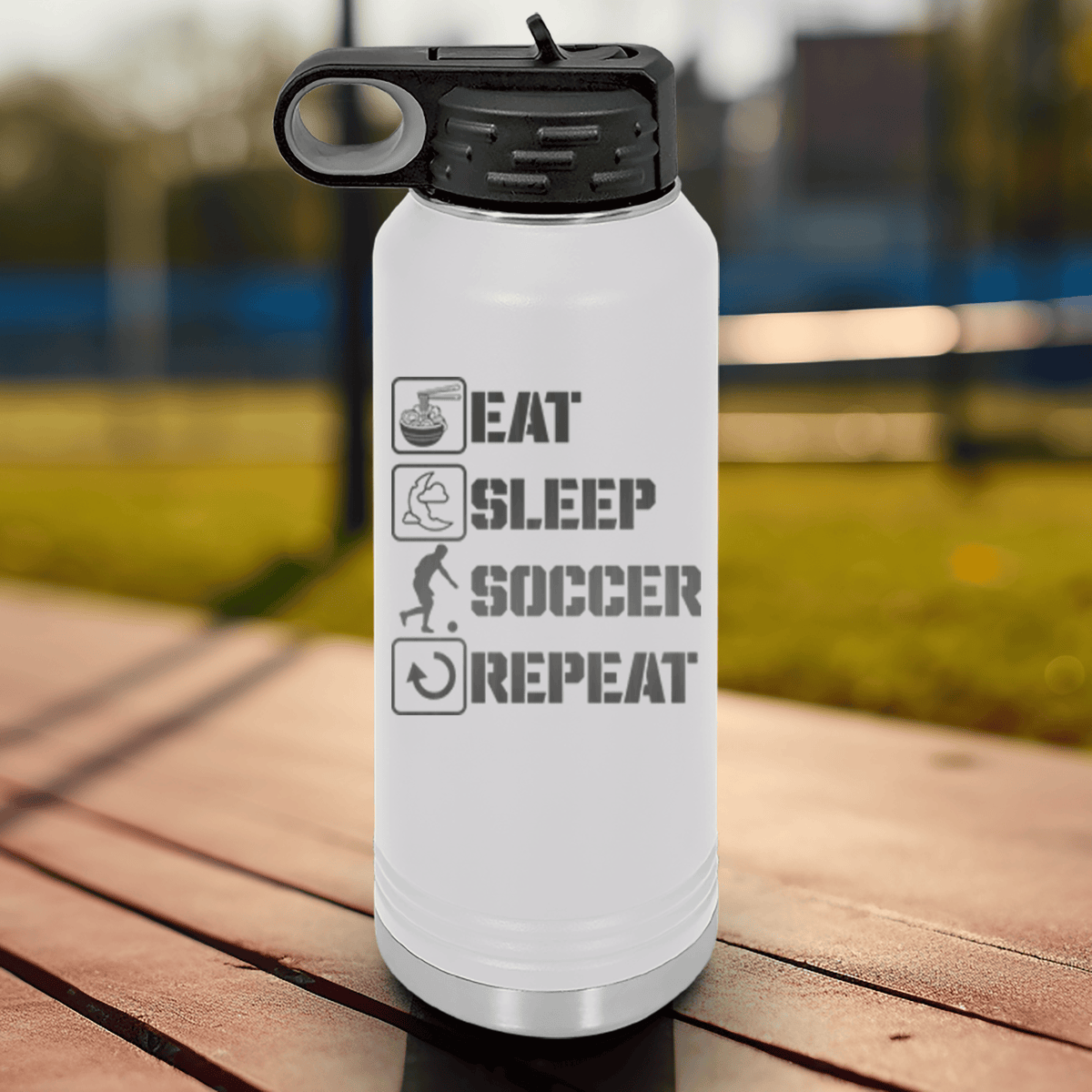 White Soccer Water Bottle With Soccers Daily Rhythm Design