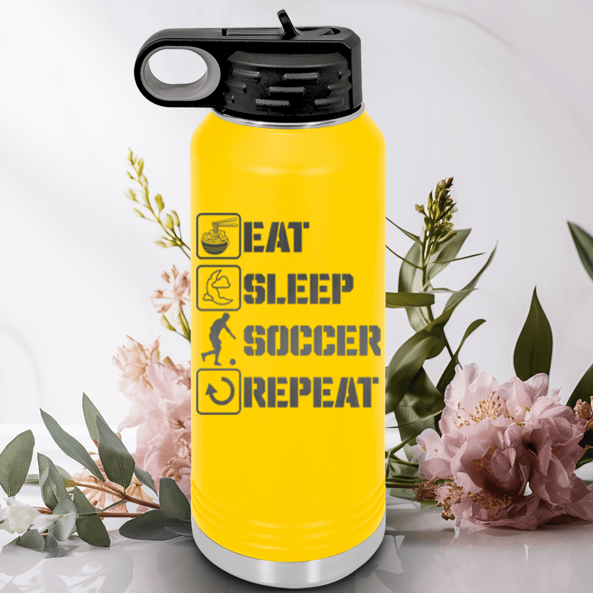 Yellow Soccer Water Bottle With Soccers Daily Rhythm Design