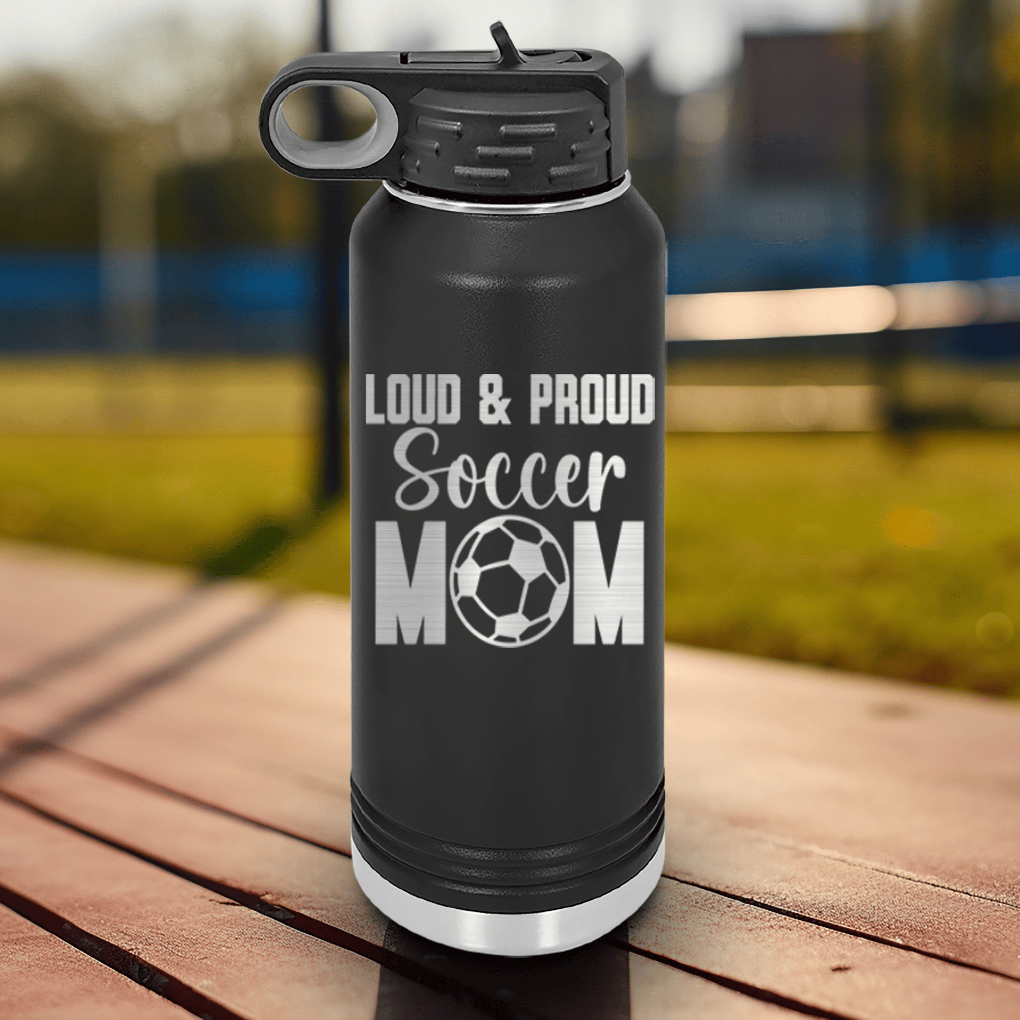 Black Soccer Water Bottle With Soccers Fiercest Fan Design