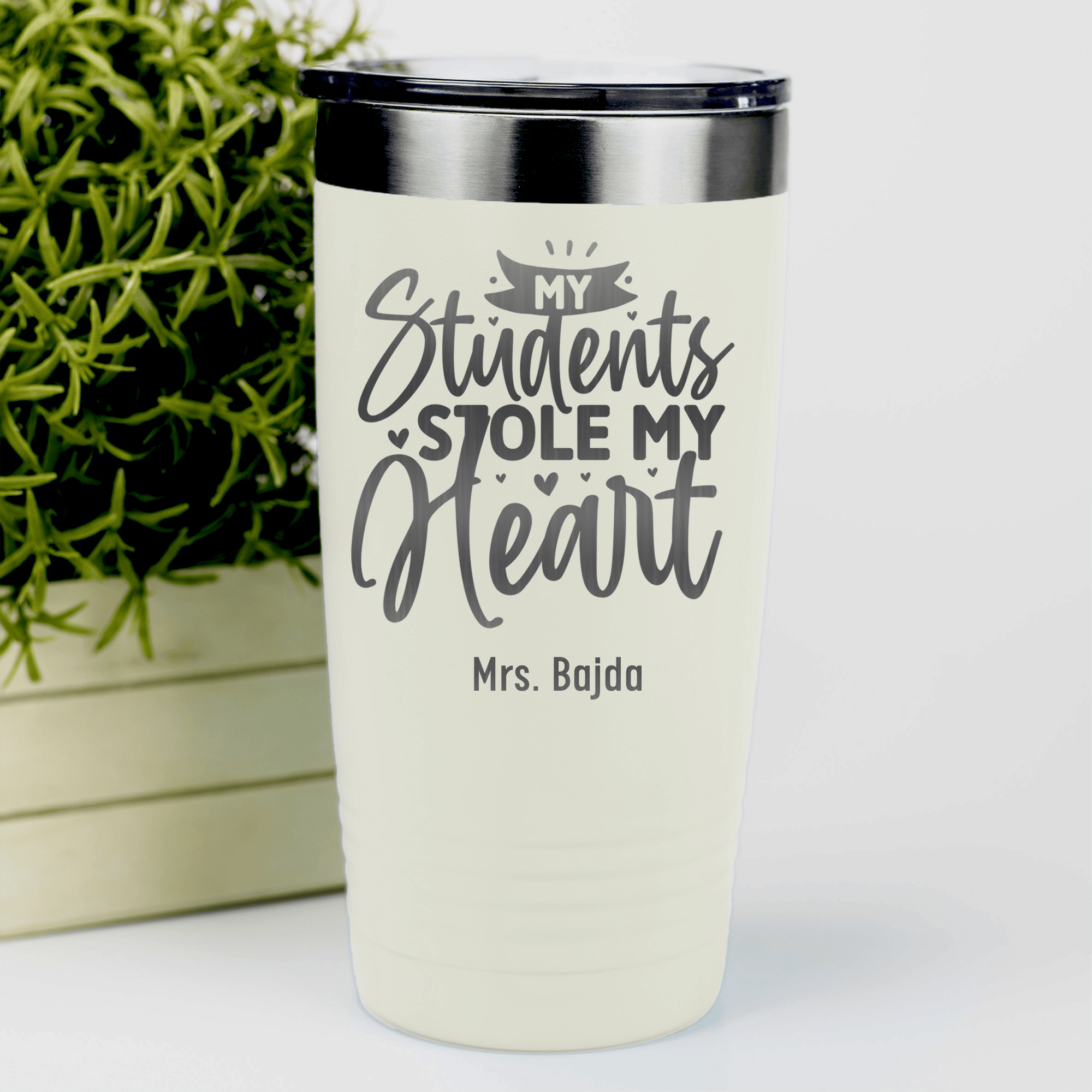 White Teacher Tumbler With Students Stole My Heart Design