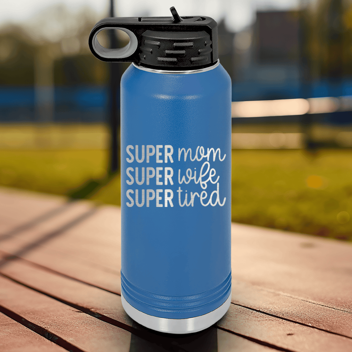 Blue Mothers Day Water Bottle With Super Wife Design