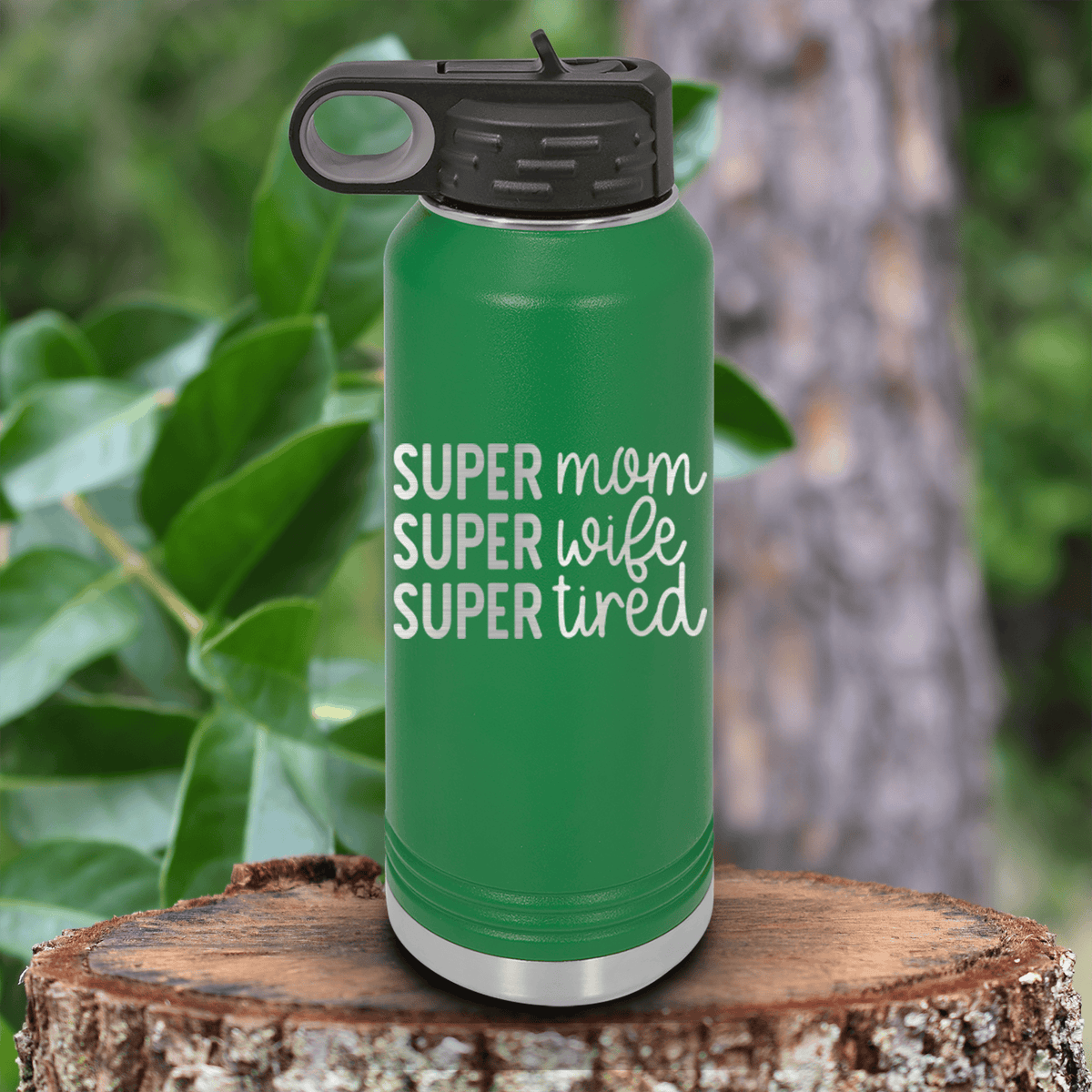 Green Mothers Day Water Bottle With Super Wife Design