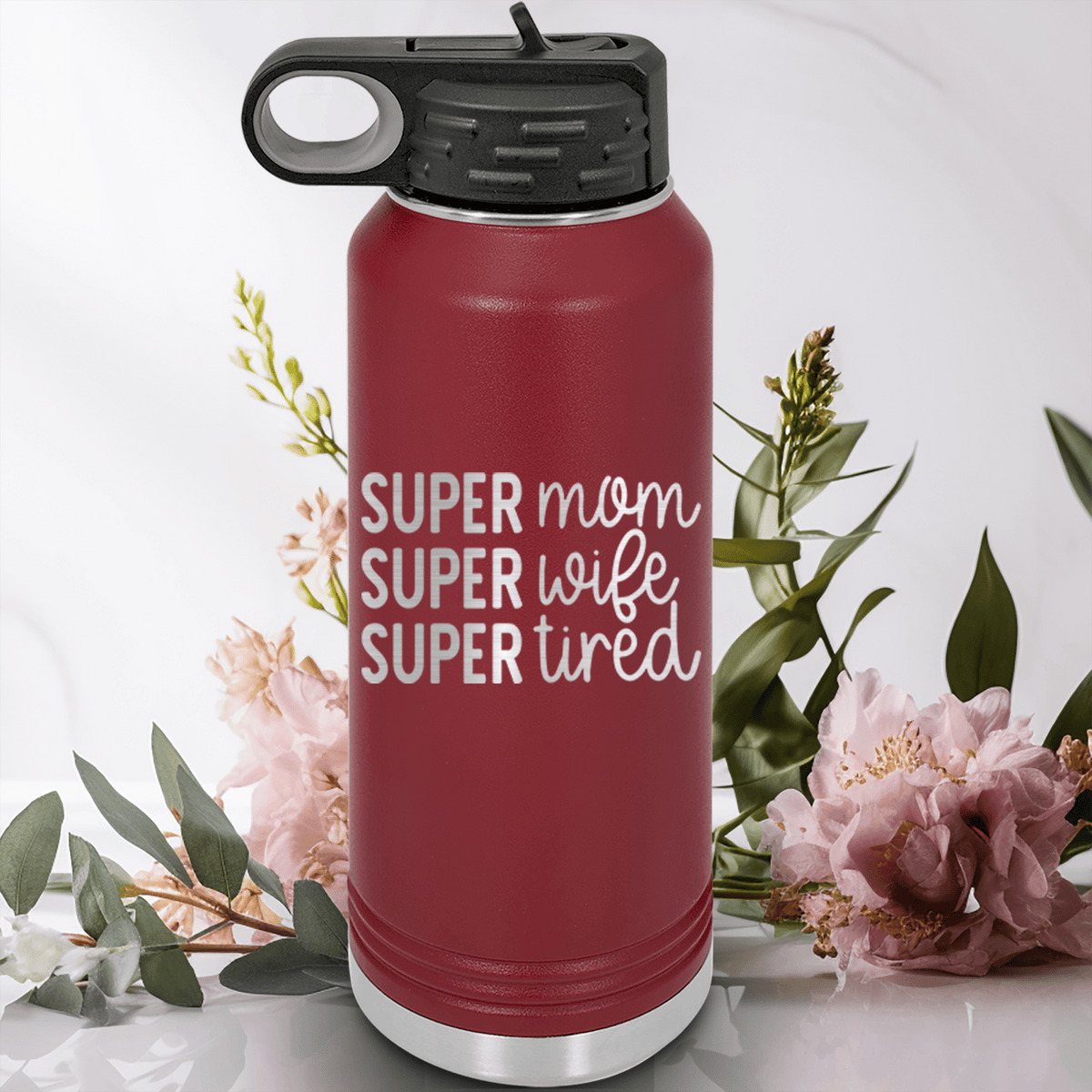 Maroon Mothers Day Water Bottle With Super Wife Design