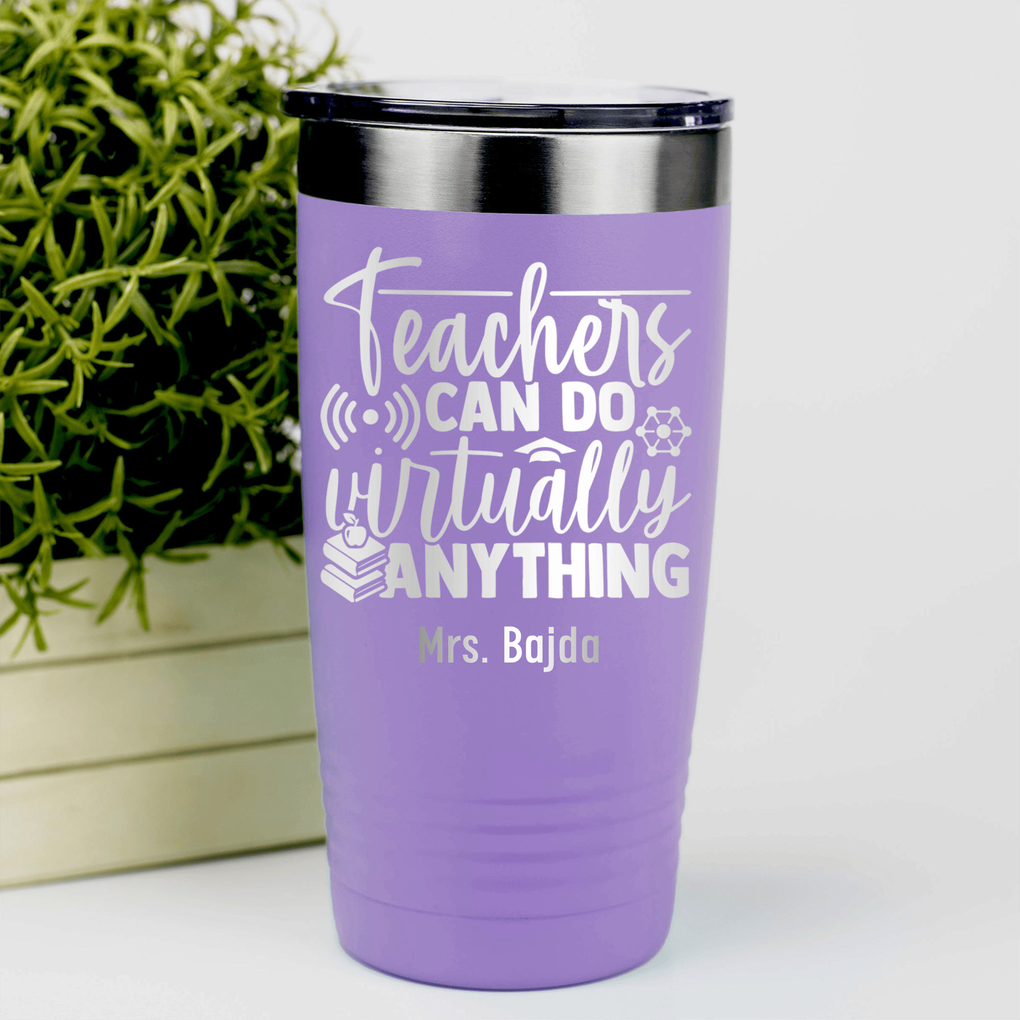 Light Purple Teacher Tumbler With Teachers Can Do Anything Design